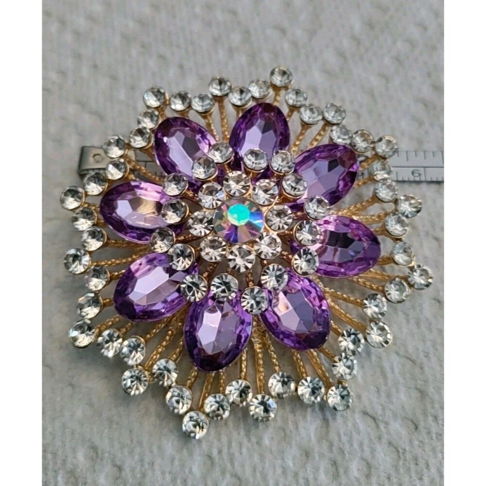 Purple & Clear Gold Tone Flower Brooch 2.5" Diameter - Picture 3 of 3
